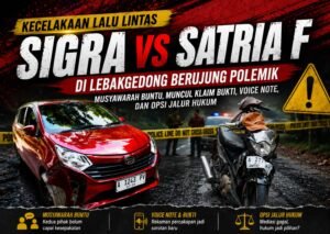 Ilustrasi kecelakaan lalu lintas antara mobil Sigra dan sepeda motor Satria F di Lebakgedong yang menjadi sorotan akibat perbedaan keterangan para pihak. (Istimewa)