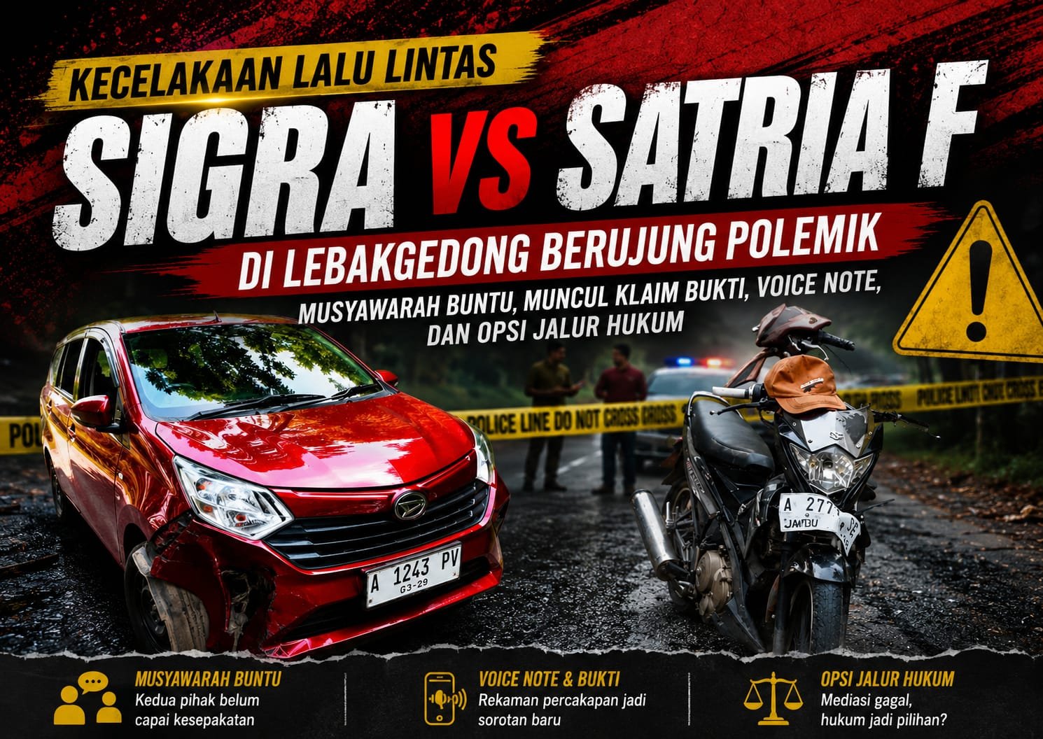 Ilustrasi kecelakaan lalu lintas antara mobil Sigra dan sepeda motor Satria F di Lebakgedong yang menjadi sorotan akibat perbedaan keterangan para pihak. (Istimewa)