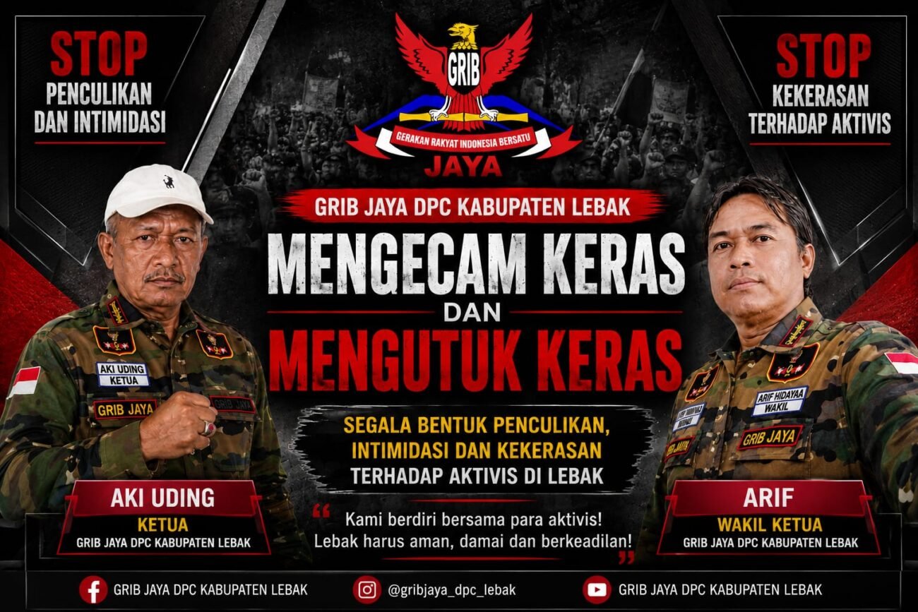 Ketua GRIB Jaya DPC Kabupaten Lebak Aki Uding bersama Wakil Ketua Arif dalam penyampaian sikap organisasi terkait proses hukum aktivis Lebak