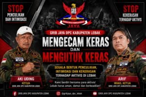 Ketua GRIB Jaya DPC Kabupaten Lebak Aki Uding bersama Wakil Ketua Arif dalam penyampaian sikap organisasi terkait proses hukum aktivis Lebak