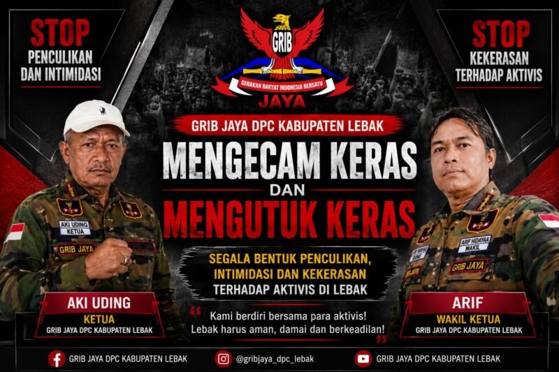 Ketua GRIB Jaya DPC Kabupaten Lebak Aki Uding bersama Wakil Ketua Arif dalam penyampaian sikap organisasi terkait proses hukum aktivis Lebak