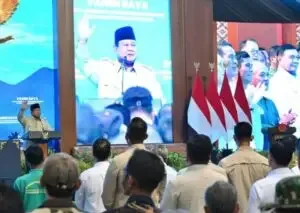 Presiden Prabowo Subianto saat menyampaikan kebijakan efisiensi anggaran dalam panen raya serentak di Kabupaten Malang.